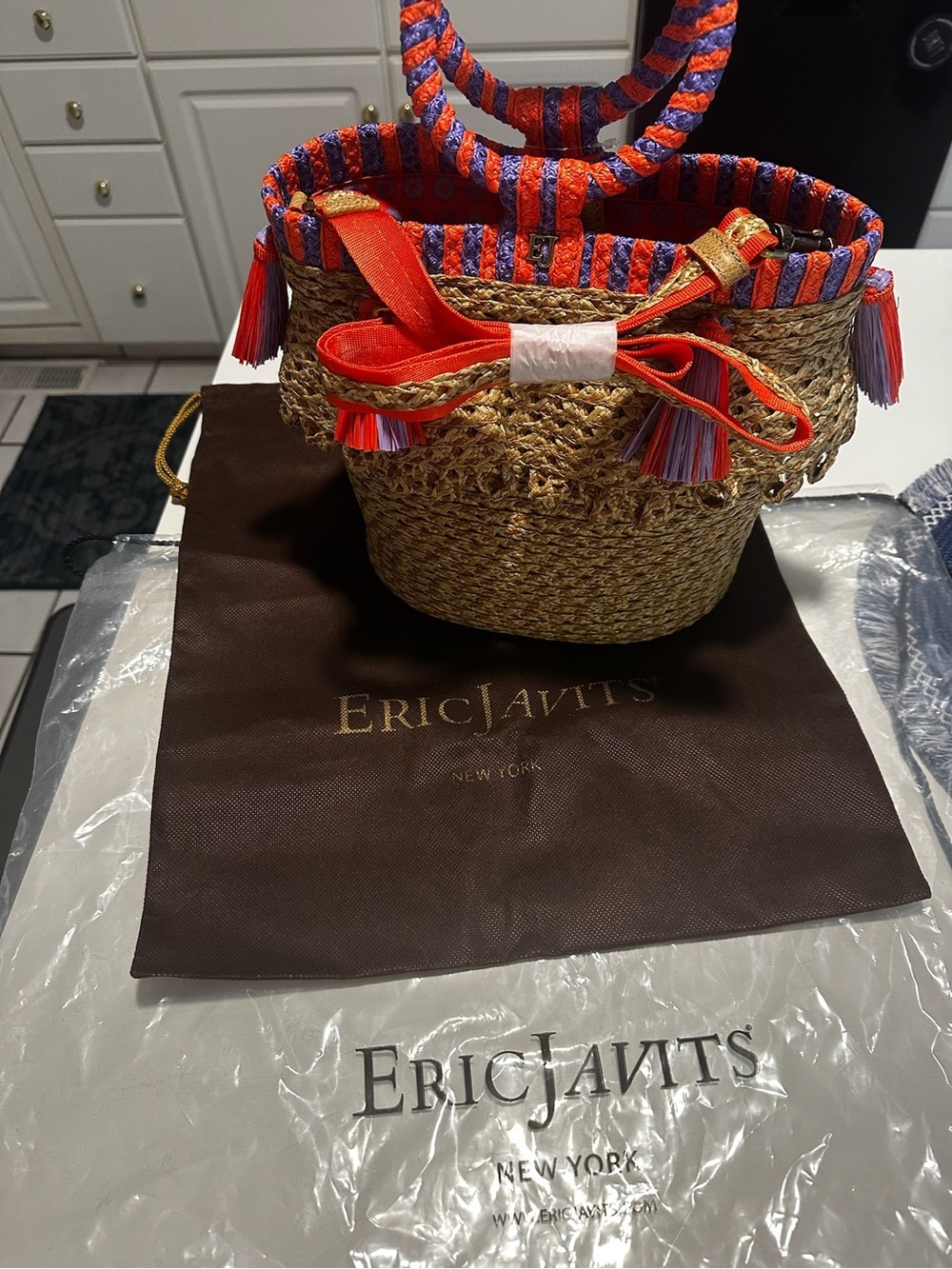 Eric Javits Straw Tote with orange and purple Trim